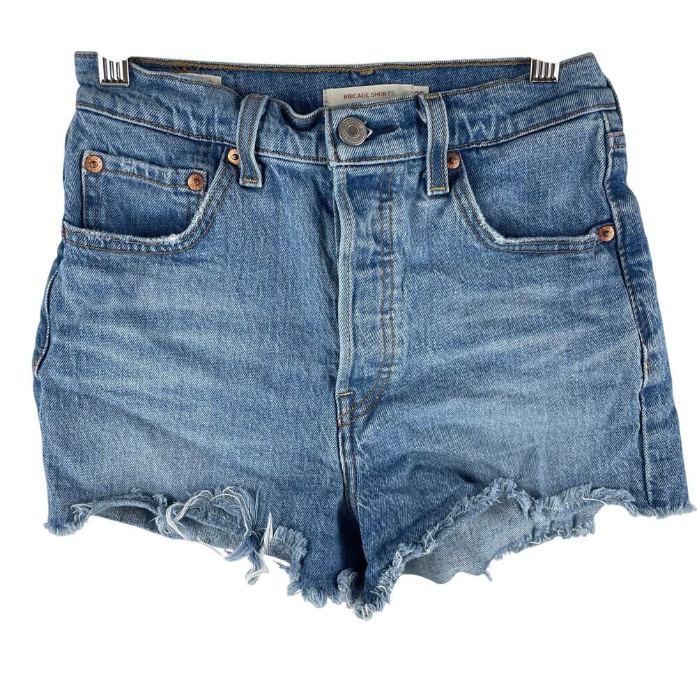 Levi's Ribcage Shorts Womens W26 Medium Wash Blue High Rise Cut-Off Denim Big E